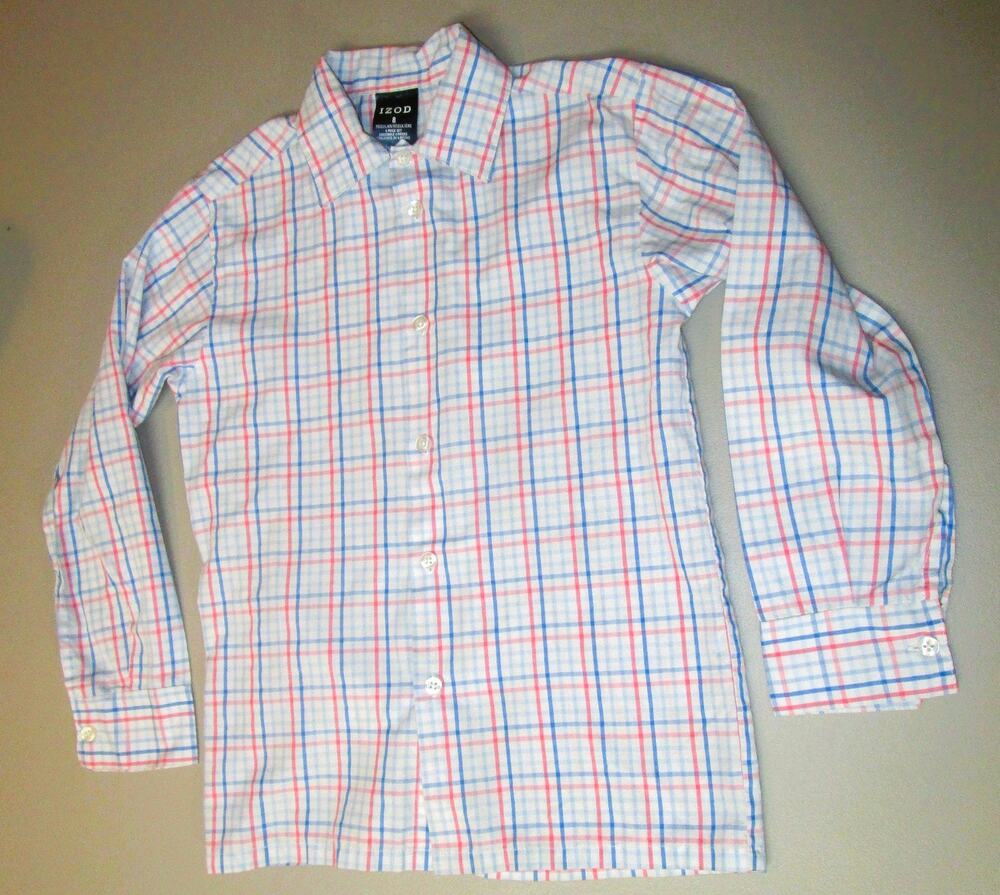 IZOD Boy's Plaid Button Front Shirt Red White & Blue Long Sleeves Size 8 Preppy